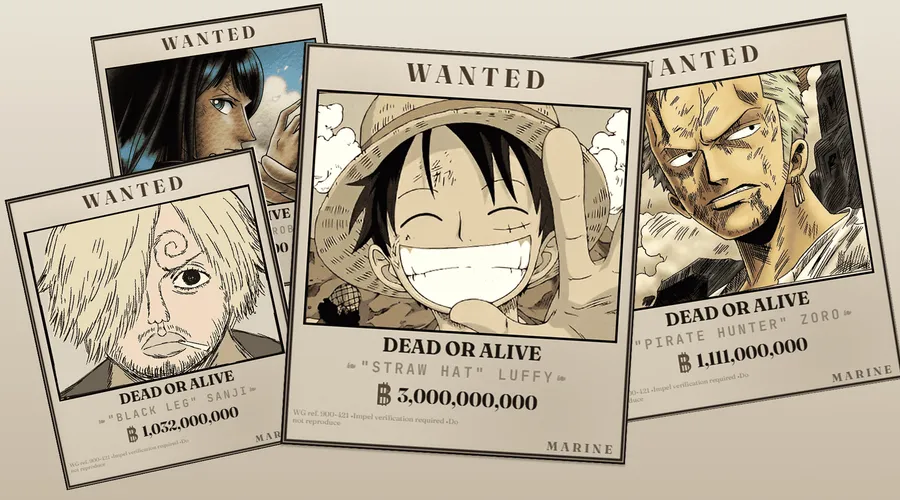 One Piece Post-Wano bounty board — wanted posters for the Straw Hats and the Four Emperors.
