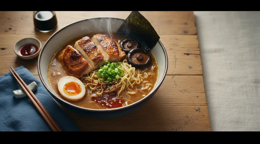 Overhead shot of a bowl of chicken ramen — golden broth, sliced soy-glazed chicken thigh, halved soft-boiled egg with jammy yolk, scallions, nori, and a drizzle of chili oil.