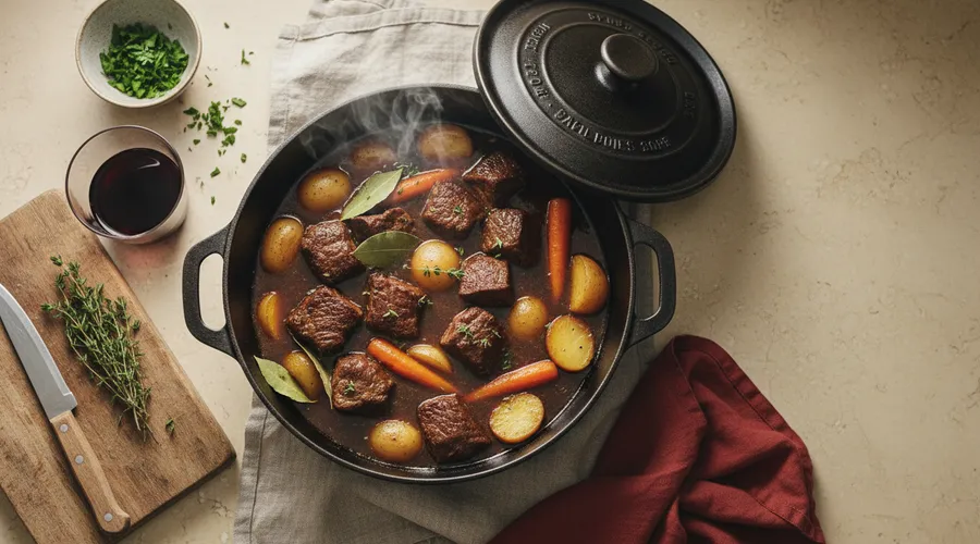 Overhead shot of a Dutch oven of beef stew — chunks of chuck, carrots, Yukon potatoes, and thyme in a rich mahogany braise.