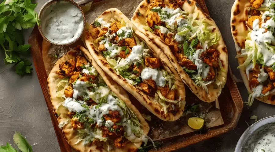 Sheet-pan chicken pitas — warm pita stuffed with smoky roasted chicken thighs, peppers, and red onion, drizzled with herby ranch.