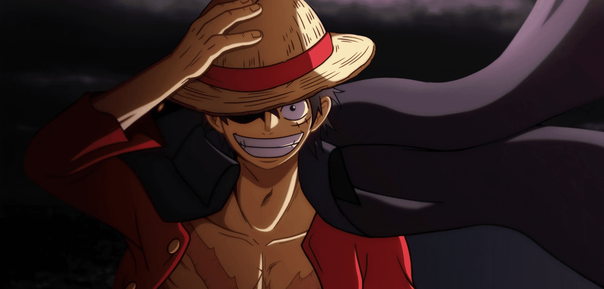 Luffy in his standard fighting form before Gear Second—straw hat, stretchy rubber body, no blood-steam or inflation.