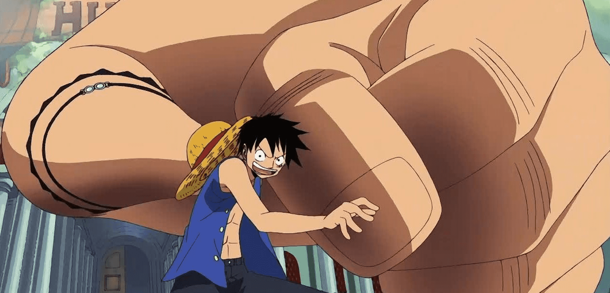 Luffy using Gear Third: inflated bone limb for a giant-scale strike.