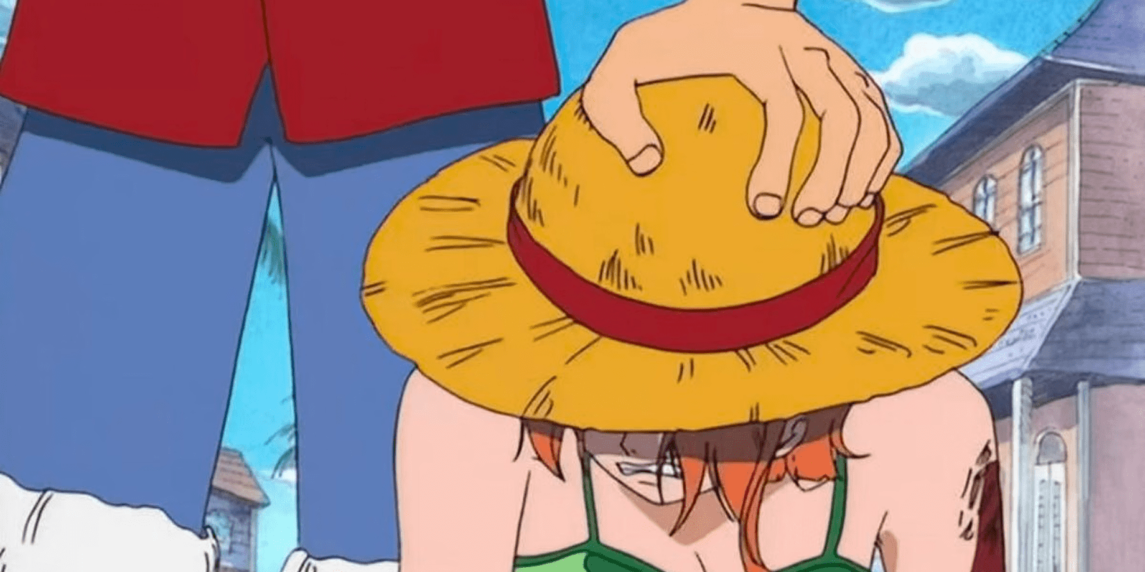Placeholder — Luffy placing the straw hat on Nami's head