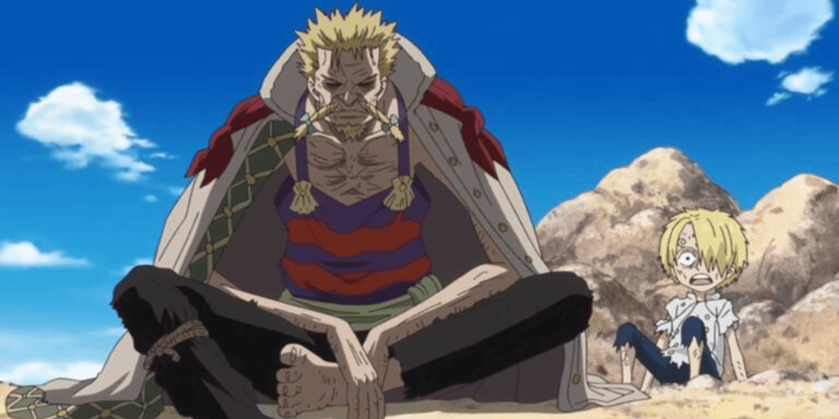 Placeholder — Zeff and young Sanji on the rock