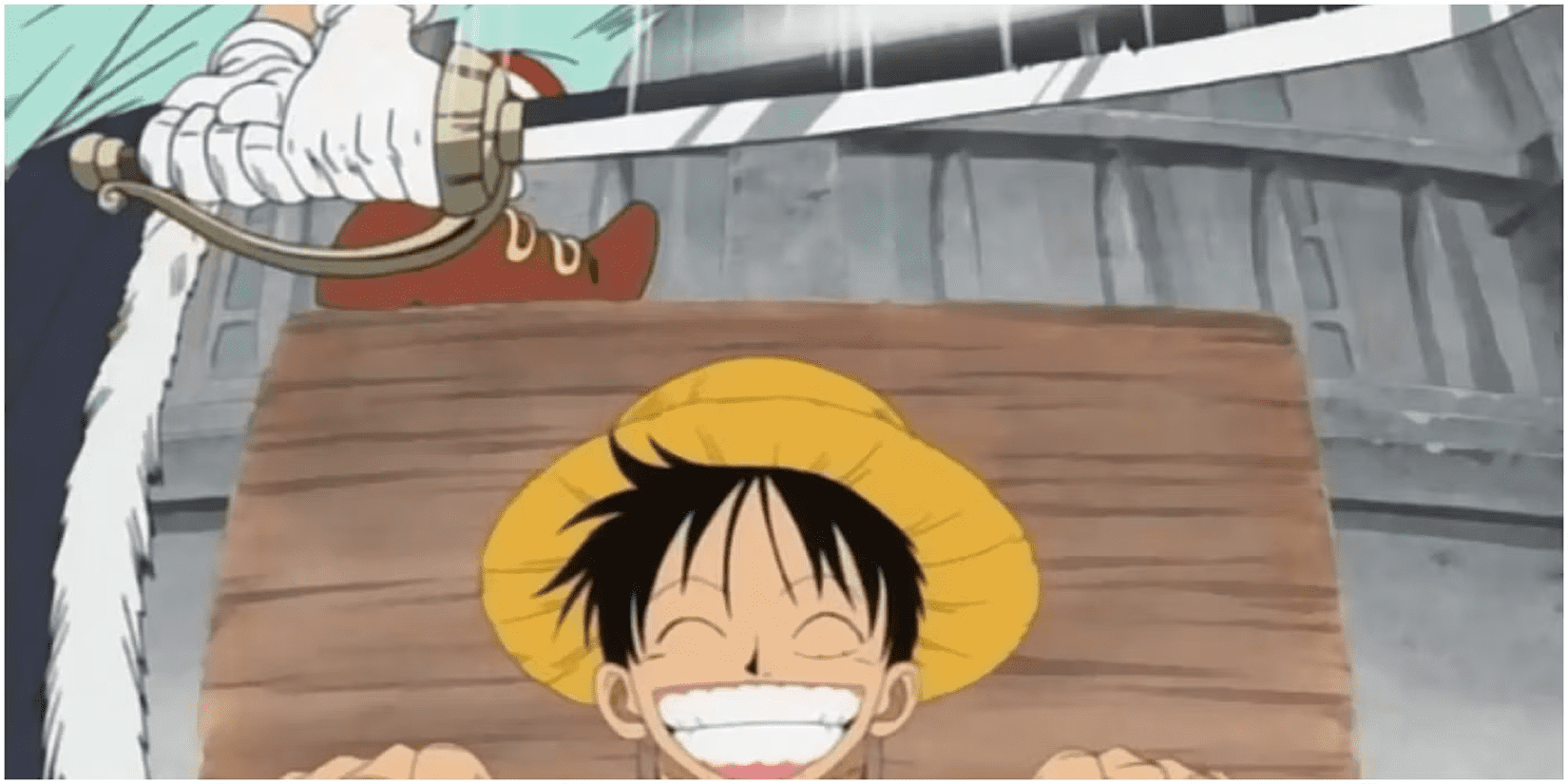 Placeholder — Luffy on the execution platform, Buggy raising the blade