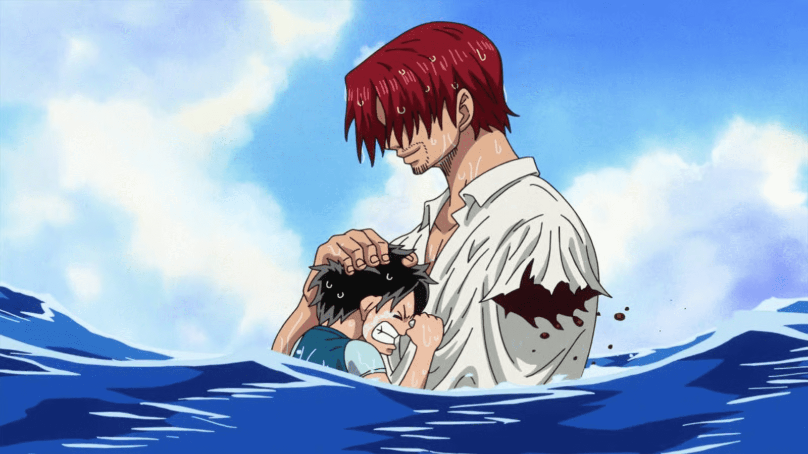 Shanks losing his arm to the Sea King while saving Luffy