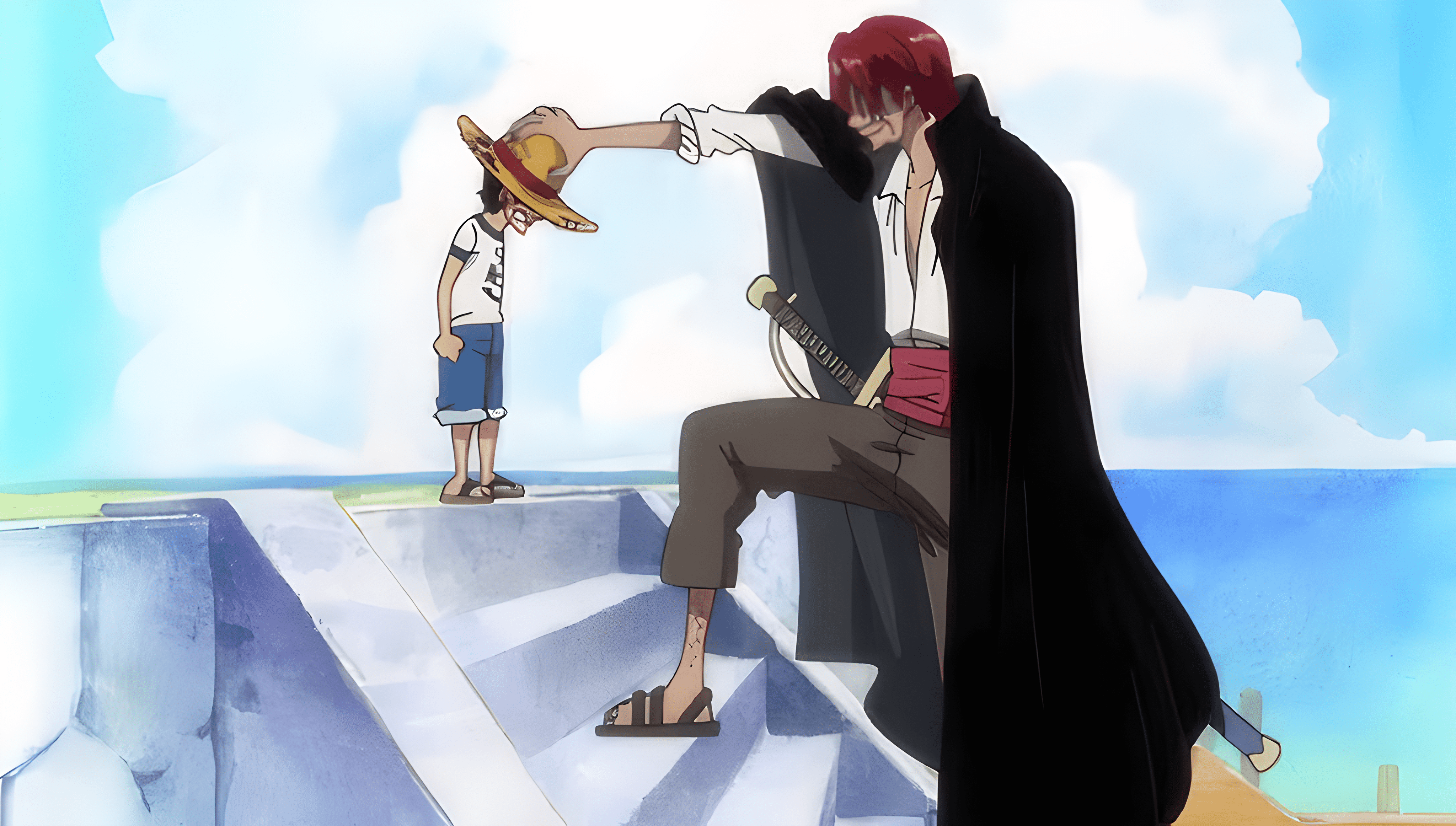 Luffy receives the straw hat from Shanks — the promise that starts everything