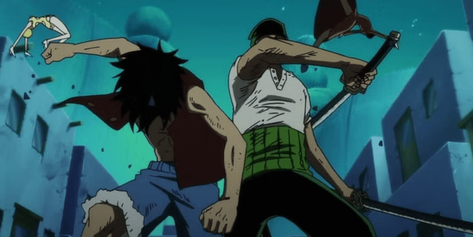 Placeholder — Luffy and Zoro fighting in the rain, ignoring Mr. 5 and Miss Valentine
