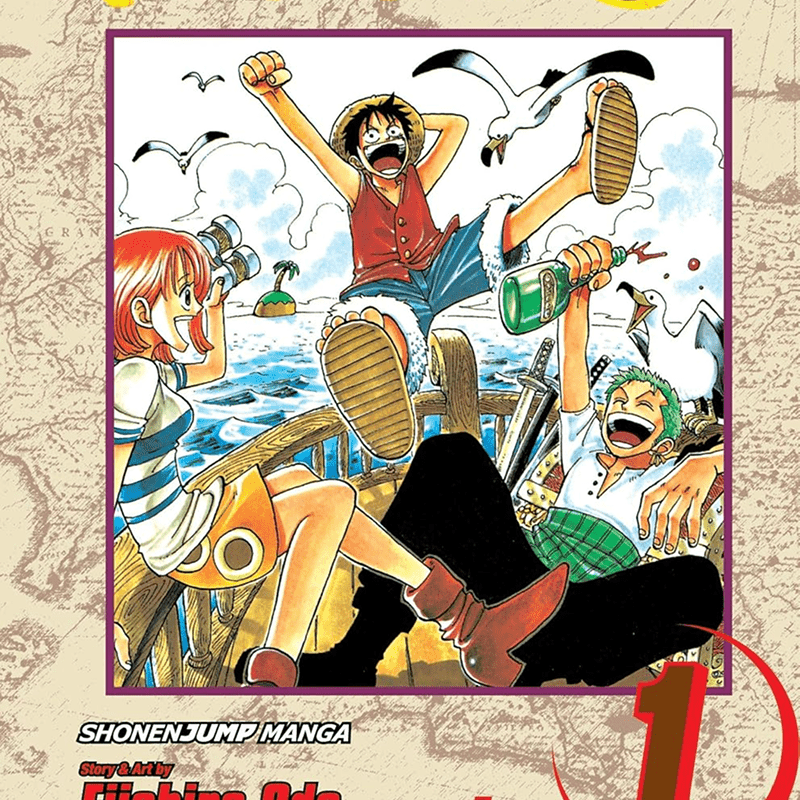 A long shelf of standalone Viz One Piece volumes lined up by spine