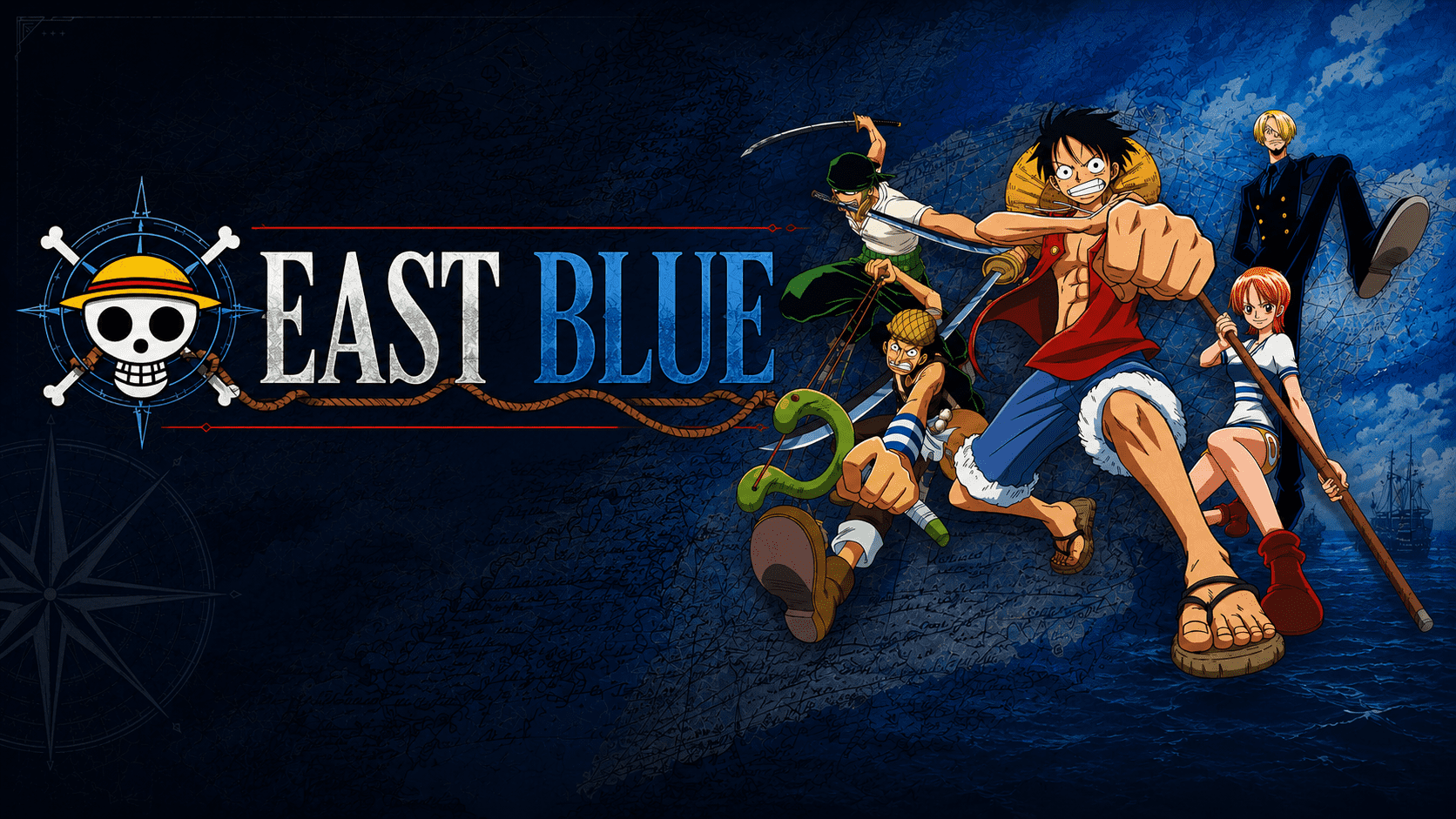 The Going Merry sails the East Blue at dawn with the full Straw Hat crew silhouetted onboard — the foundational saga where the journey begins.