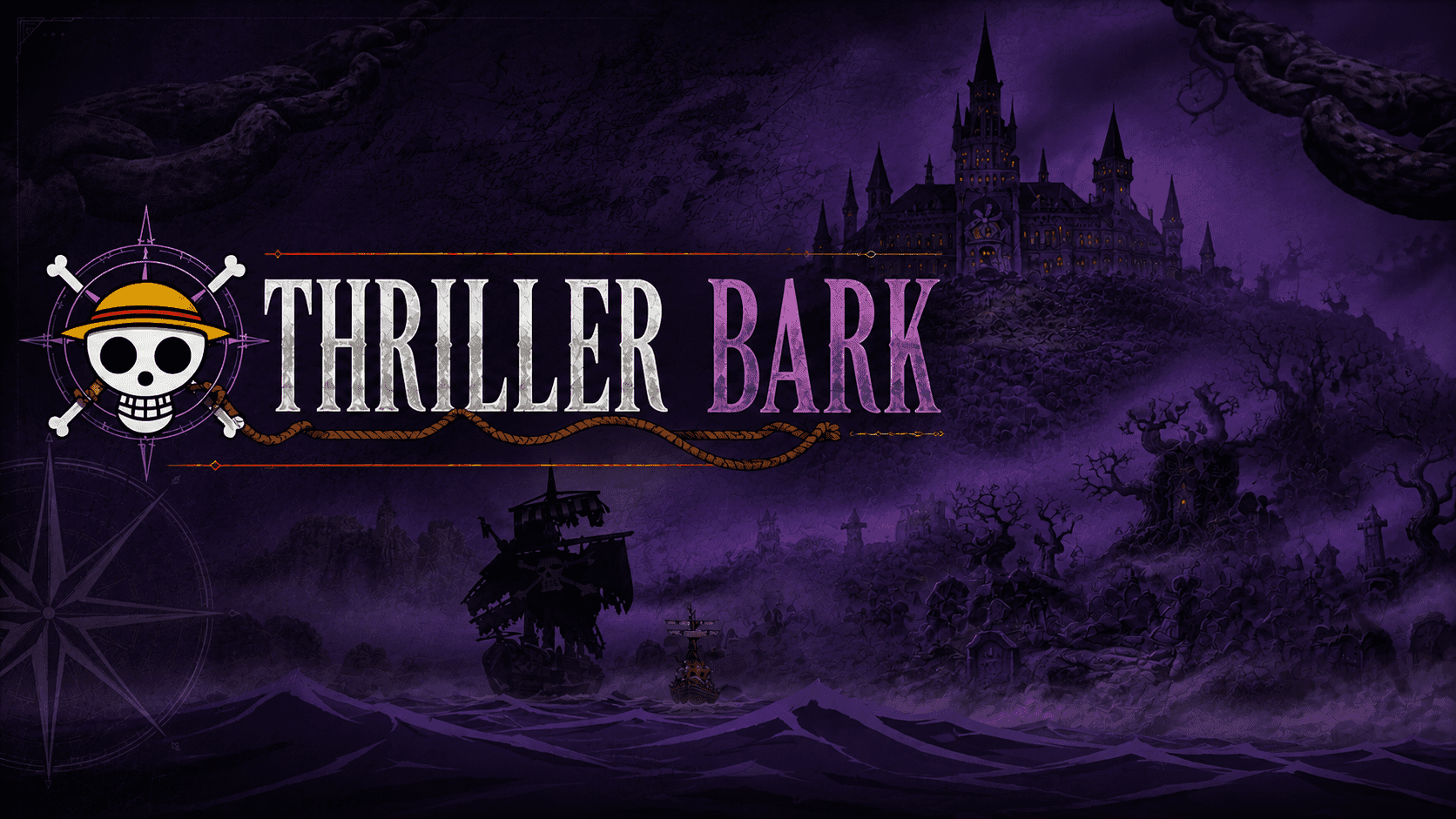 Thriller Bark looms in fog — a Halloween-toned bridge saga that ends with one of Zoro's defining moments.