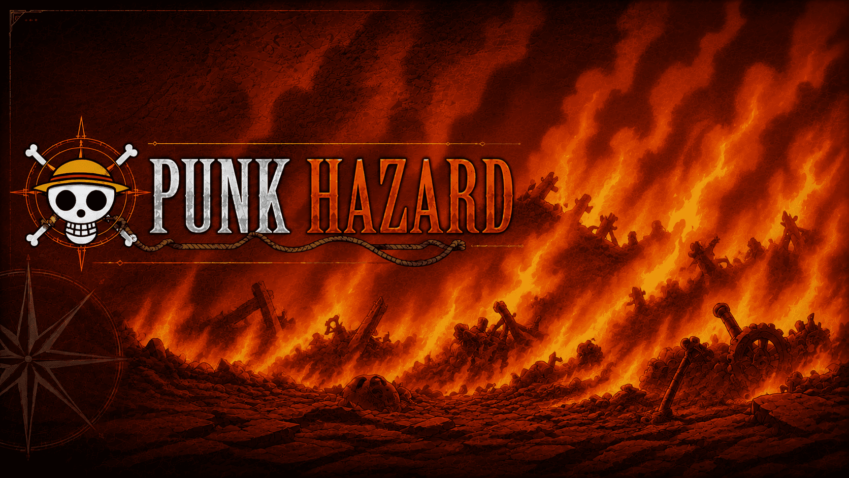 Punk Hazard's split landscape of fire and ice with the Straw Hat crew on the threshold — first true New World arc.