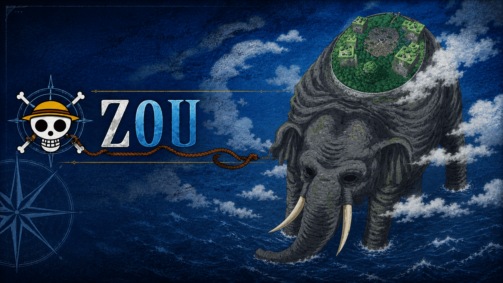 The thousand-year-old elephant Zunesha walks through the sea with the country of Zou on its back — Wano setup begins.