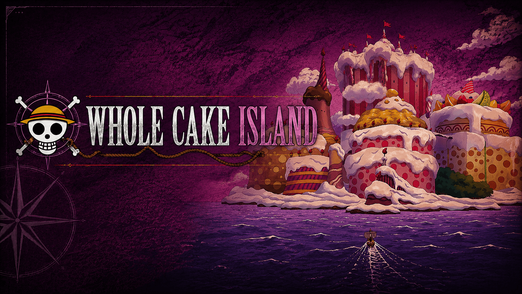 The Whole Cake Chateau looms — Big Mom's candy-castle pirate kingdom and Sanji's family arc.